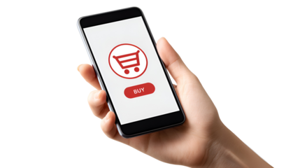 Hand holding smartphone showing online shopping buy button