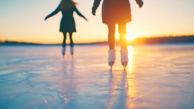 Ice skaters enjoy a sunset on a frozen lake in winter
