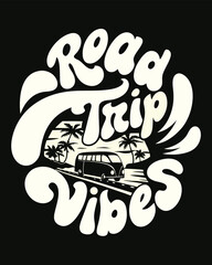 T-shirt Design of a Retro Road Trip Vibes Illustration Featuring a Classic Bus, Palm Trees, and Groovy Typography in a Circular Design