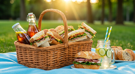A delightful picnic basket filled with an assortment of sandwiches and refreshing beverages, set amidst a sunny outdoor scene. The composition evokes a sense of leisure, and enjoyment. 
