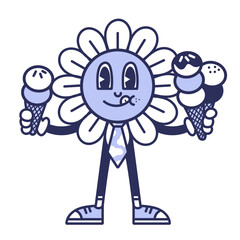 Cartoon flower character wearing a tie and shoes, holding two ice cream cones with different flavors.