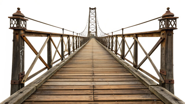 A wooden bridge with metal supports stands tall, cut out on a clean background PNG. AI GENERATED.
