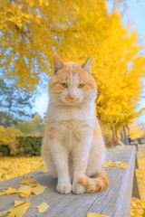 Fototapeta premium Ginger Cat Sitting on a Bench in an Autumn Park