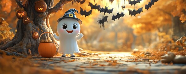 Adorable ghost with a pumpkin bucket celebrates halloween in the forest