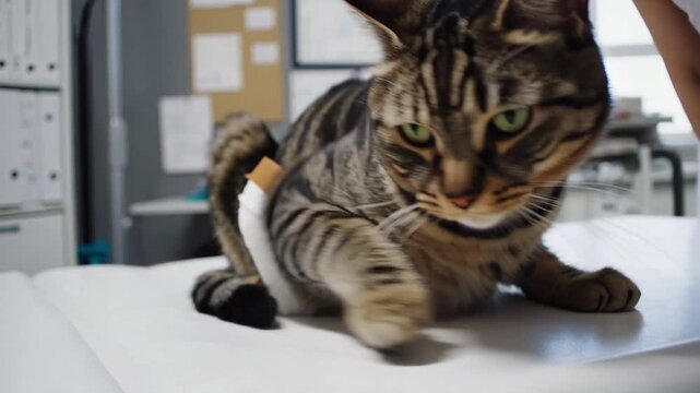 Close-up of tabby cat in bandage at reception in veterinary clinic