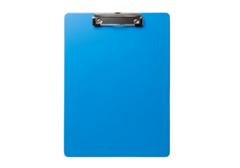 A vibrant, solid blue clipboard sits against a stark black background, showcasing a simple, professional design.