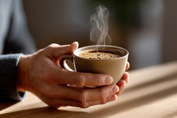 Hands Holding a Steaming Cup of Coffee on a Wooden Table