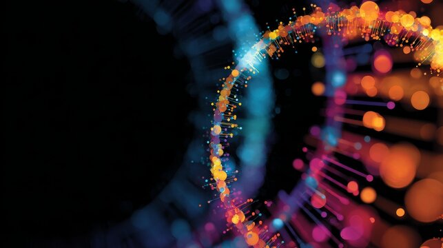 Abstract circular dna vector background with vibrant colorful strands and molecular elements representing innovation, biotechnology, genetic research, and life sciences concepts