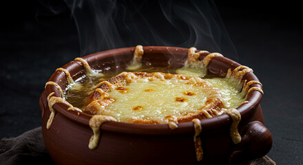 A close-up of a steaming bowl of French onion soup with melted cheese on top