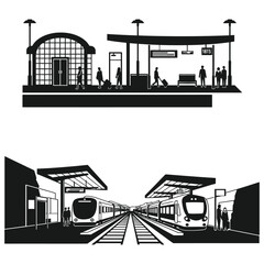 Black and white illustration of train station with people and trains