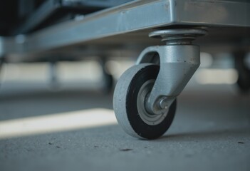 Close-up of a baggage cart tow bar with a sturdy pin and wheel