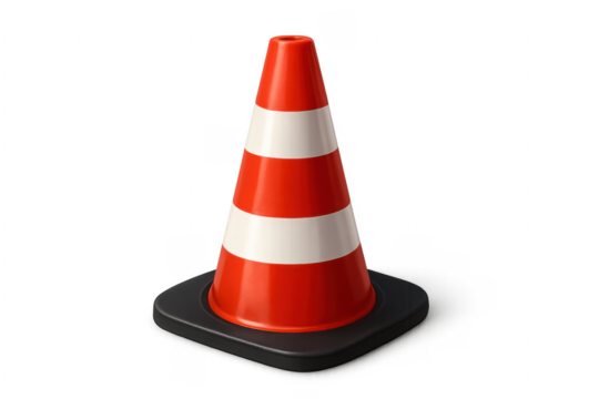 Red and white traffic cone signaling ongoing road work on transparent background