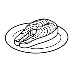 Piece of salmon fish on a plate, black and white drawing
