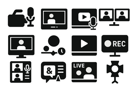 Podcast Icon Set. Solid style icons of video podcasts and vodcasts: camera with mic icon, video episode frame, YouTube podcast