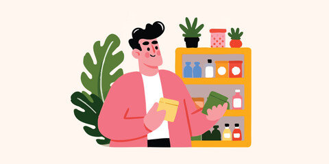 Fototapeta premium A man shops for groceries in a meticulously designed pantry. It is a clean, modern illustrated image of a consumer interacting with well-organized shelves showcasing various grocery items.