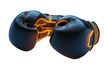 Close-up boxing gloves, black with glowing orange accents