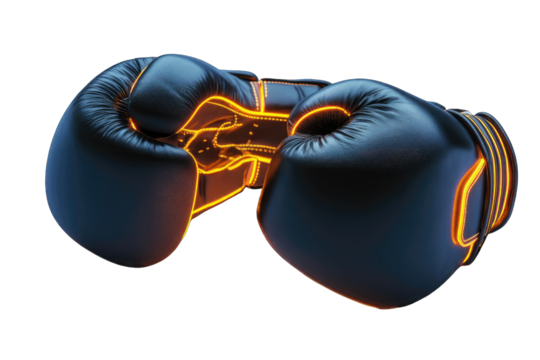 Close-up boxing gloves, black with glowing orange accents