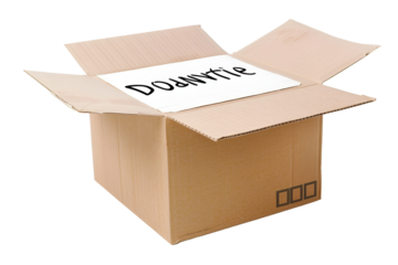 Open cardboard box with Donation written inside