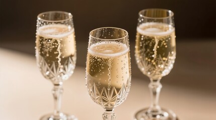 Thanksgiving, Christmas, New Year, Anniversary._Three crystal glasses with sparkling champagne. Drops of condensation drip down
