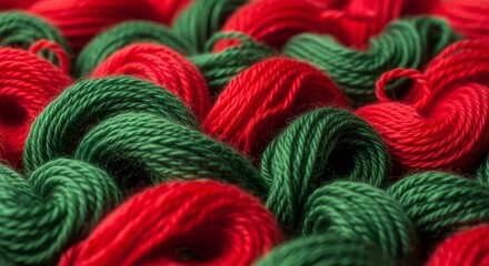 Twisted, swirling, messy pile of red and green yarn, background pattern