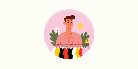 Naklejka premium A fashionable man stands confidently near a clothing rack, with a stylized backdrop, perfect for advertising or fashion.