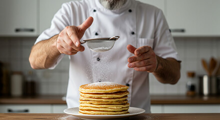 A chef dusting powdered sugar onto a stack of fluffy pancakes, ready to serve