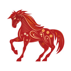 Stylish red horse, gold floral details, zodiac sign, decorative vector element, Chinese New Year animal illustration.