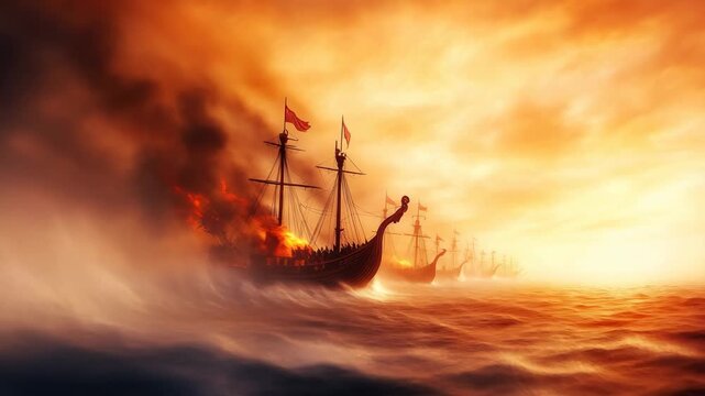 Viking fleet of burning longships sailing into a historic sea battle, epic cinematic footage of war and power, ideal for fantasy films, documentaries, and mythology animations.