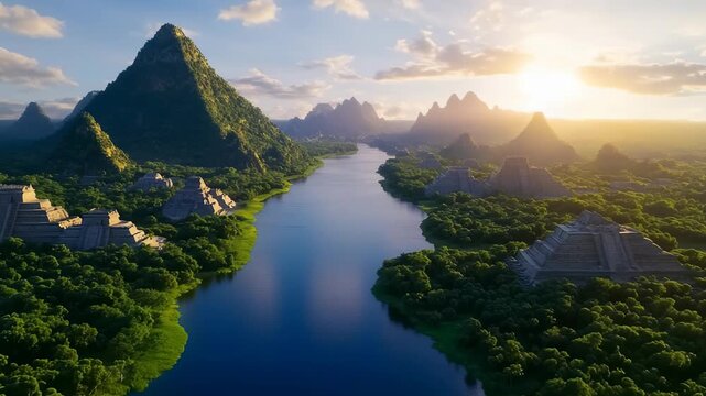 Epic cinematic footage of a lost ancient civilization with pyramids along a river in a lush jungle.