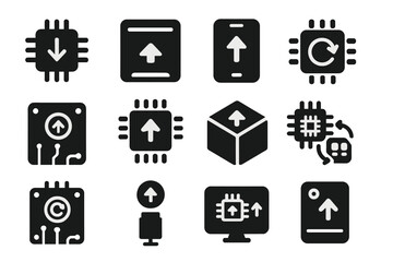 Firmware Update Icons. Solid style icons of firmware updates: chip with arrow, embedded system update, smart device upgrade icon,