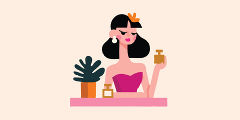 Fototapeta premium A stylized depiction of a woman elegantly holding perfume, exuding sophistication and allure in a vibrant visual.