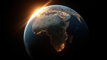 Earth, Africa highlighted, sunrise