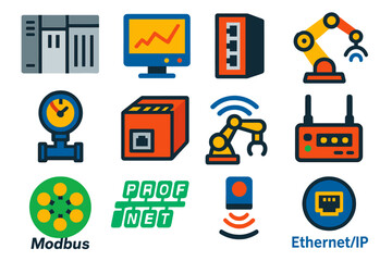 Industrial Network Icons. Flat vector icons of Industrial Networks: PLC controller, SCADA terminal, industrial switch, field