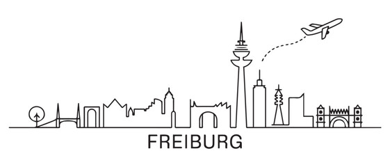 Obraz premium Freiburg Skyline Line Art with Plane Travel, and Germany. with white background