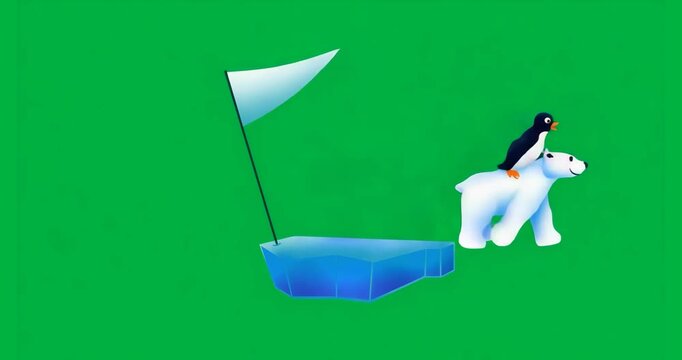 after head shift 3D polar bear with penguin stepping across glowing ice floe on clear background