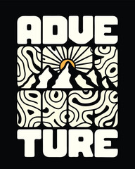T-shirt Design of a Retro Adventure Graphic with Mountains and Sun Design for Outdoor Enthusiasts and Nature Lovers Featuring Bold Text