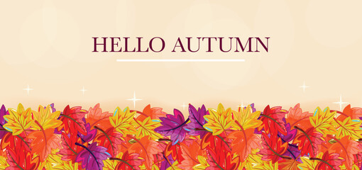 Autumn greeting background, bright colorful maple leaves, sparkles and bold text. Modern for fall events and sales