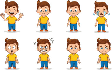 Cartoon boy emotions, happy, sad, angry, surprised, crying, confused, facial expressions, character set, vector art, white background, isolated