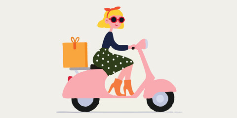 Naklejka premium A stylish woman zips down the street on a pastel pink scooter, delivering a gift with a cheerful vibe. Illustrating the fun of transportation with a retro feel.