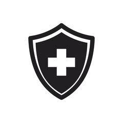 Medical protection shield icon with white cross on black background