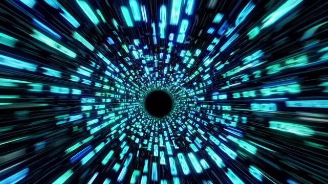 Abstract Visualization of Flying Through Tunnel Composed of Binary Code in Cyberspace Network with Encrypted Data