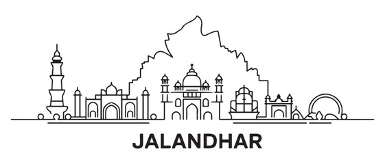 Fototapeta premium Jalandhar Line Art skyline with India, outline, and travel. with white background