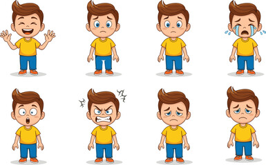 Cartoon boy facial expressions, happy, sad, angry, surprised, crying, emotional character set, kids emotions, vector illustration, isolated