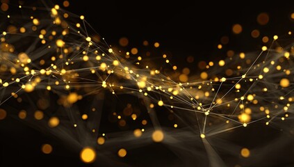 Abstract network of luminous golden points and lines on a dark background