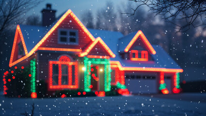 Naklejka premium Christmas lights decorating house during snowfall at dusk