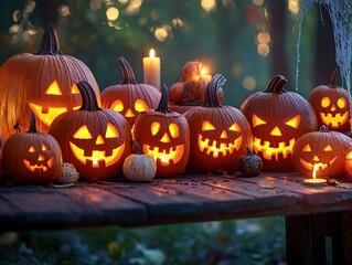Fototapeta premium Spooky jack o lanterns glowing on a wooden table in the dark night