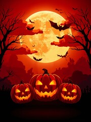halloween background with pumpkin and bats Lantern Night with a Full Moon