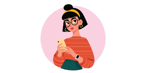 Naklejka premium A fashionable woman intently engaged with her smartphone, within a vibrant circle, embodying the essence of modern connectivity.