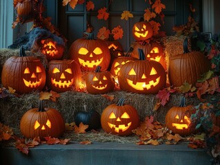 Obraz premium Spooky halloween pumpkins glowing with carved faces on hay bales display