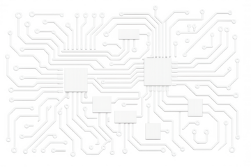 Intricate white circuit board pattern spreading across a transparent background, ideal for technology or electronics-themed projects